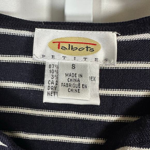 Talbots Navy Cream Striped Silk Long Sleeved Sweater S Petite Classic Preppy - Picture 2 of 6